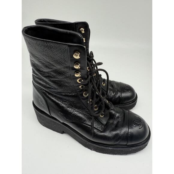 Chanel Leather Interlocking CC Logo Lace Up Combat Boots Black Women's Size 37 - Picture 5 of 10
